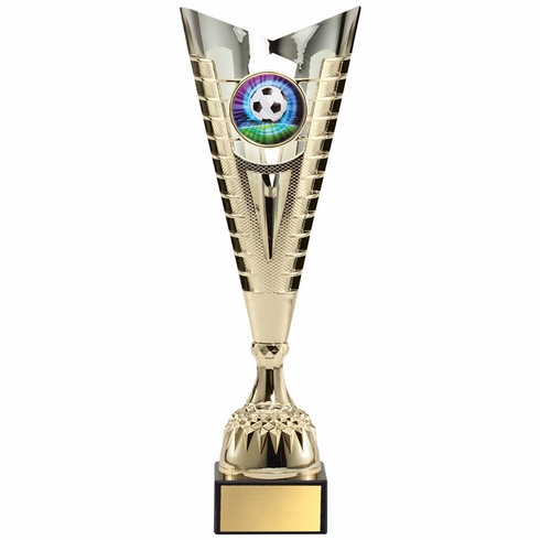 14-3/4 INCH MODERN STYLE EUROPEAN GOLD METAL TROPHY CUP HOLDS 2 INCH INSERT