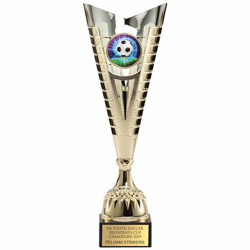 14-3/4 INCH MODERN STYLE EUROPEAN GOLD METAL TROPHY CUP HOLDS 2 INCH INSERT