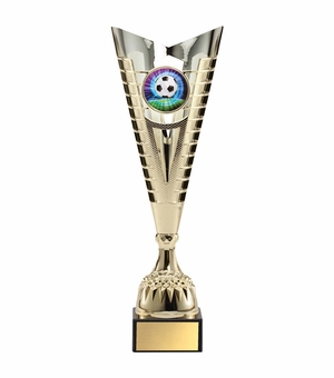 14-3/4 INCH MODERN STYLE EUROPEAN GOLD METAL TROPHY CUP HOLDS 2 INCH INSERT
