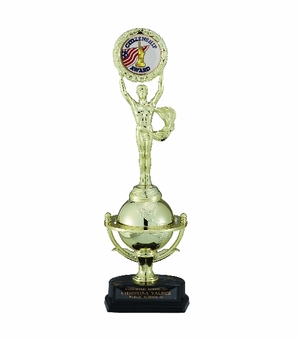 14 INCH BLACK AND GOLD TROPHY GLOBE ACHIEVMENT FIGURE, TAKES INSERT