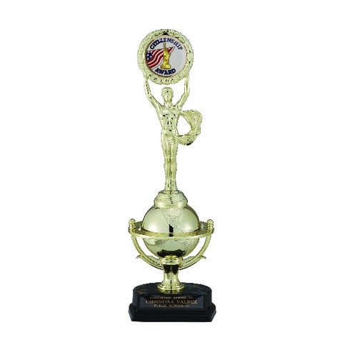 14 INCH BLACK AND GOLD TROPHY GLOBE ACHIEVMENT FIGURE, TAKES INSERT