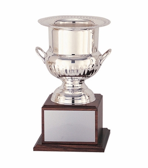 14 INCH CHAMPAGNE/WINE COOLER ON GENUINE WALNUT BASE, SILVER,