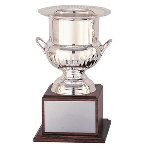 14 INCH CHAMPAGNE/WINE COOLER ON WALNUT BASE, SILVER,