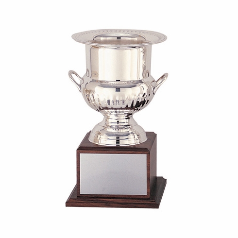 14 INCH CHAMPAGNE/WINE COOLER ON WALNUT BASE, SILVER,