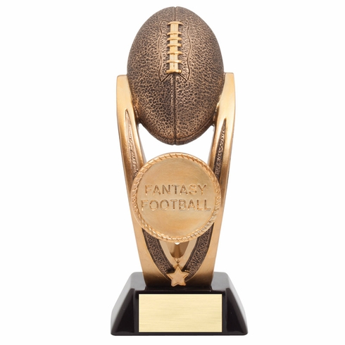 14 INCH FANTASY FOOTBALL TROPHY ANTIQUE GOLD RESIN FINISH ON BLACK BASE