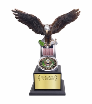 14 INCH HAND PAINTED "EXCELLENCE IN SERVICE" U.S. ARMY EAGLE WITH ARMY SHIELD EMBLEM ON A BLACK WOOD BASE
