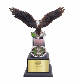 14 INCH HAND PAINTED "NCO OF THE MONTH" U.S. ARMY EAGLE WITH ARMY SHIELD EMBLEM ON A BLACK WOOD BASE