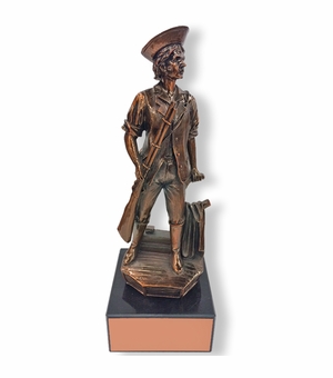 14 INCH HEIGHT LARGE MINUTEMAN ANTIQUE BRONZE TROPHY ON HEAVY BLACK MARBLE BASE
