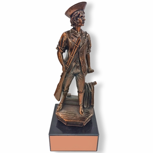 14 INCH HEIGHT LARGE MINUTEMAN ANTIQUE BRONZE TROPHY ON HEAVY BLACK MARBLE BASE