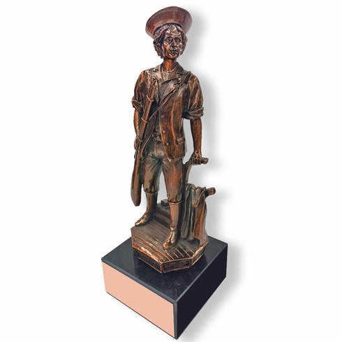 14 INCH HEIGHT LARGE MINUTEMAN ANTIQUE BRONZE TROPHY ON HEAVY BLACK MARBLE BASE