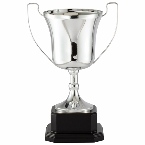 14 INCH POLISHED SILVER ITALIAN TROPHY CUP ON EBONY FINISH WOOD BASE