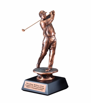14" MALE GOLF FOLLOW THROUGH SWING TROPHY ELECTROPLATED BRONZE ON BLACK BASE