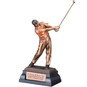 14" MALE GOLF FOLLOW THROUGH SWING TROPHY ELECTROPLATED IN BRONZE ON BLACK BASE