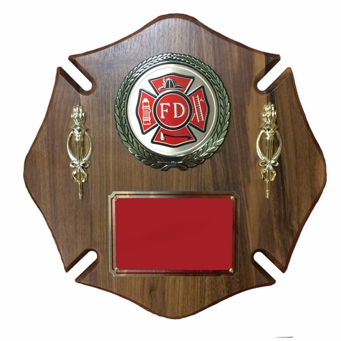 14 X 14 INCH FIRE DEPT. MALTESE CROSS GENUINE WALNUT PLAQUE