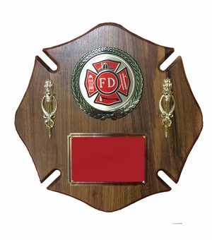 14 X 14 INCH FIRE DEPT. MALTESE CROSS GENUINE WALNUT PLAQUE