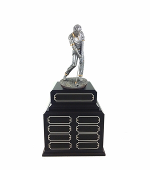 15-1/2 INCH ANTIQUE SILVER MALE GOLF PERPETUAL TROPHY WITH 16 NAME PLATES