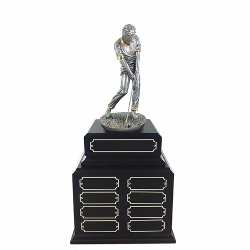 15-1/2 INCH ANTIQUE SILVER MALE GOLF PERPETUAL TROPHY WITH 24 NAME PLATES