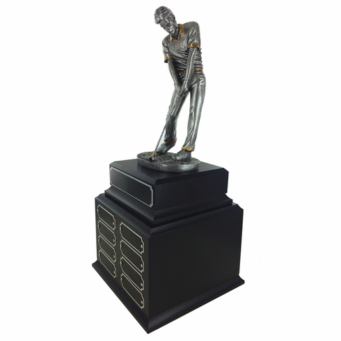 15-1/2 INCH ANTIQUE SILVER MALE GOLF PERPETUAL TROPHY WITH 32 NAME PLATES