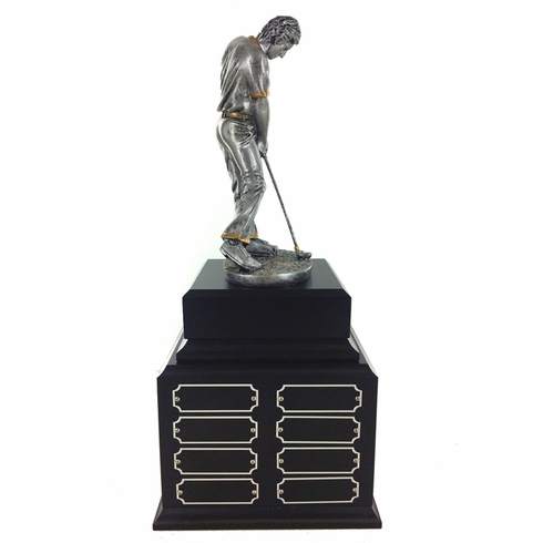 15-1/2 INCH ANTIQUE SILVER MALE GOLF PERPETUAL TROPHY WITH 8 NAME PLATES