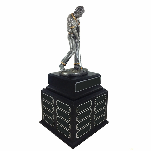 15-1/2 INCH ANTIQUE SILVER MALE GOLF PERPETUAL TROPHY WITH 8 NAME PLATES