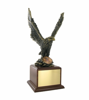 15-1/2 INCH EAGLE TROPHY, BRASS ELECTROPLATED, 2 INCH MEDALLION