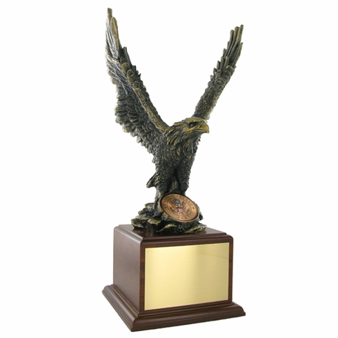 15-1/2 INCH EAGLE TROPHY, BRASS ELECTROPLATED, 2 INCH MEDALLION