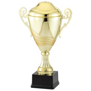 15-1/2 INCH ITALIAN TWO-TONE BRIGHT AND ANTIQUE GOLD TROPHY CUP ON BLACK BASE