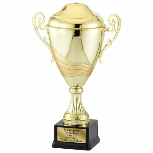 15-1/2 INCH ITALIAN TWO-TONE BRIGHT AND ANTIQUE GOLD TROPHY CUP ON BLACK BASE