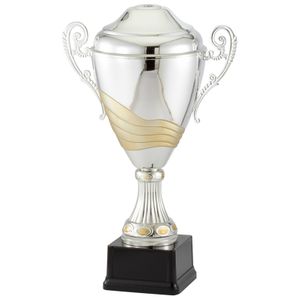 15-1/2 INCH ITALIAN TWO-TONE SILVER AND GOLD TROPHY CUP ON BLACK BASE