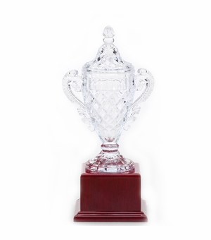 15-1/2 INCH LEAD CRYSTAL TROPHY CUP MOUNTED ON ROSEWOOD BASE