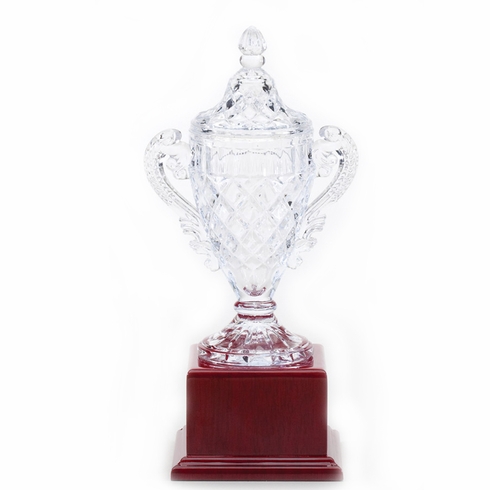 15-1/2 INCH LEAD CRYSTAL TROPHY CUP MOUNTED ON ROSEWOOD BASE