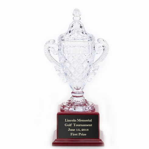 15-1/2 INCH LEAD CRYSTAL TROPHY CUP MOUNTED ON ROSEWOOD BASE