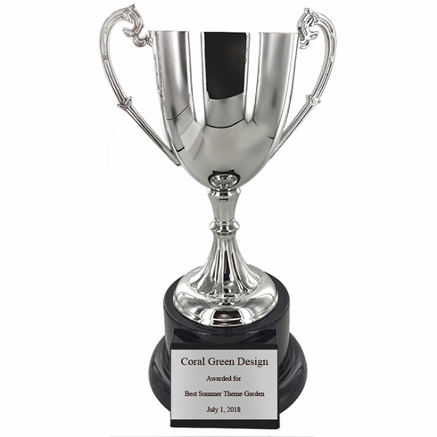 15-1/2 INCH NICKEL PLATED POLISHED SILVER TROPHY CUP ON BLACK BASE