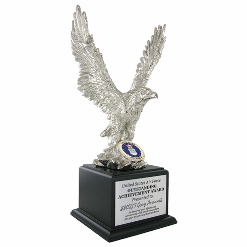 15-1/2 INCH SILVER ELECTROPLATED EAGLE TROPHY WITH 2 INCH AIR FORCE MEDALLION INSERT ON BLACK WOOD BASE