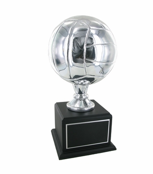 15-1/2 INCH SILVER VOLLEYBALL TROPHY WITH 8 INCH DIAMETER BALL ON BLACK BASE
