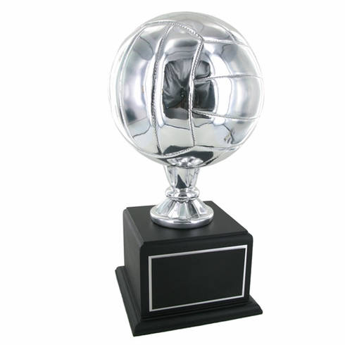 15-1/2 INCH SILVER VOLLEYBALL TROPHY WITH 8 INCH DIAMETER BALL ON BLACK BASE