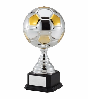 15-1/2 INCH TWO TONE BRIGHT SILVER AND GOLD SOCCERBALL TROPHY