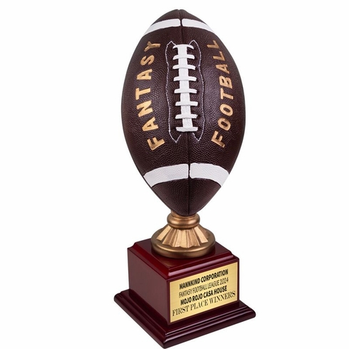 15-3/4 INCH PAINTED RESIN FANTASY FOOTBALL ON ROSEWOOD BASE TROPHY