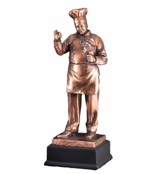 15 INCH ANTIQUE BRONZE ELECTROPLATED CHEF TROPHY ON BLACK WOOD BASE