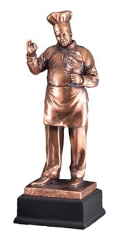 15 INCH ANTIQUE BRONZE ELECTROPLATED CHEF TROPHY ON BLACK WOOD BASE