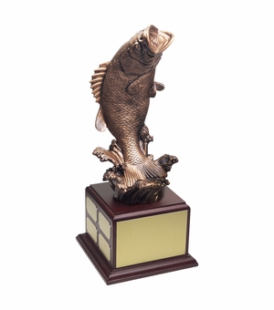 15 INCH ANTIQUE GOLD BASS FISH FIGURE PERPETUAL TROPHY ON ROSEWOOD BASE-12 NAME PLATES