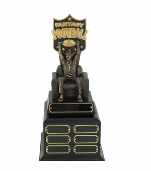 15 INCH FANTASY FOOTBALL GOLD & BRONZE FINISHED MAN ON ARM CHAIR PERPETUAL TROPHY