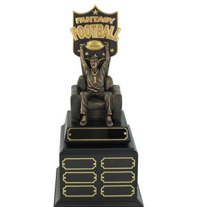 15 INCH FANTASY FOOTBALL GOLD & BRONZE FINISHED MAN ON ARM CHAIR PERPETUAL TROPHY