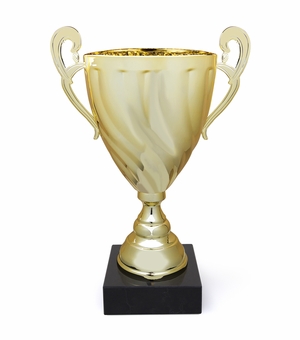 15 INCH ITALIAN GOLD TROPHY CUP WITH SWIRL PATTERN ON A BLACK MARBLE BASE