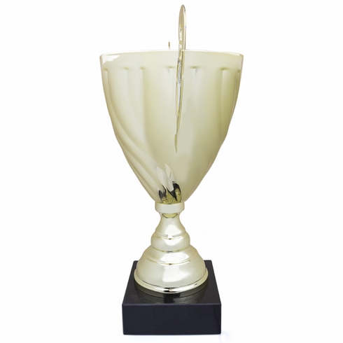 15 INCH ITALIAN GOLD TROPHY CUP WITH SWIRL PATTERN ON A BLACK MARBLE BASE