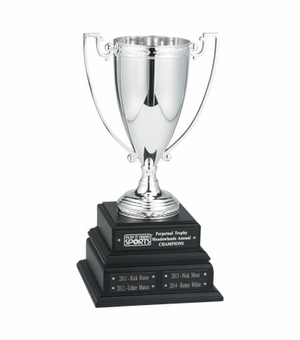 15 INCH PERPETUAL TROPHY WITH 10-1/4 INCH SILVER CUP ON BLACK BASE, 16 PLATES