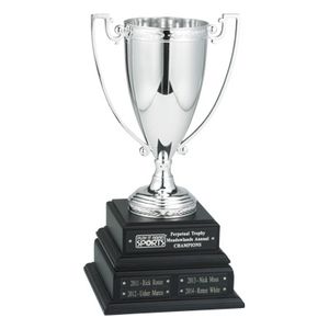 15 INCH PERPETUAL TROPHY WITH 10-1/4 INCH SILVER CUP ON BLACK BASE, 4 PLATES