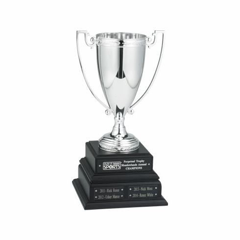 15 INCH PERPETUAL TROPHY WITH 10-1/4 INCH SILVER CUP ON BLACK BASE, 4 PLATES