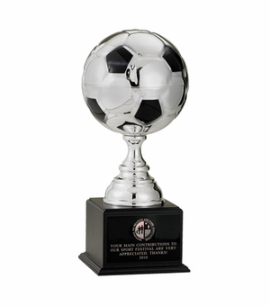 15 INCH SILVER SOCCER BALL TROPHY WITH 7 INCH DIAMETER BALL