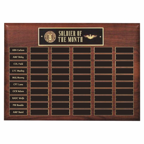 15 x 21 INCH GENUINE WALNUT FINISH PERPETUAL PLAQUE WITH BLACK AND GOLD HEADER PLATE-60 NAME PLATES